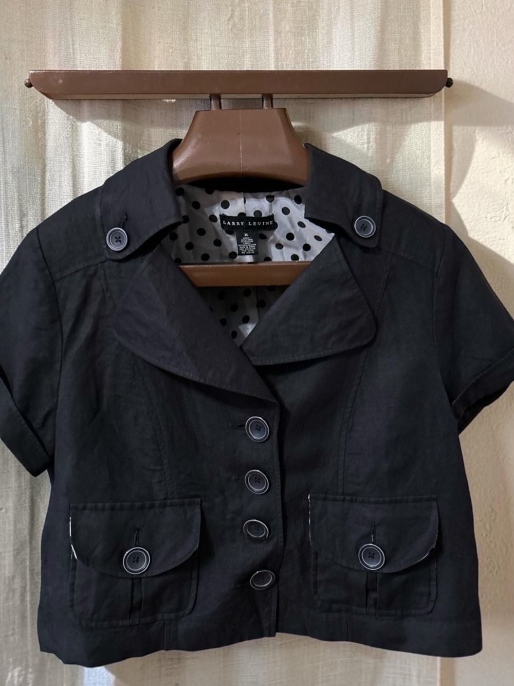 Larry Levine Women’s Jacket Blazer w/Pockets XL Linen Short Sleeve Black Career